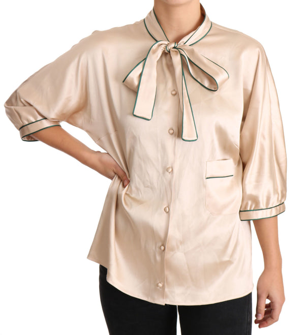 Dolce &amp; Gabbana Beige Ribbon Silk Stretch Top -pusero