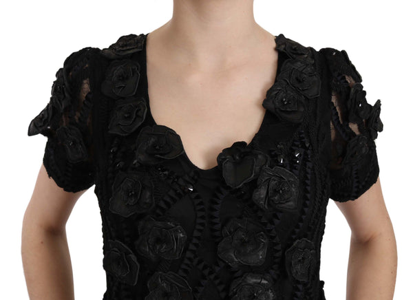 John Richmond Black Silk Leather Flowers -tuppimekko