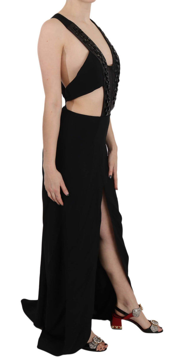 John Richmond Black Crystal Leather Gown Flare -mekko