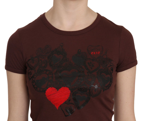 Exte Brown Heart Print Crew Neck T-paita lyhythihainen pusero