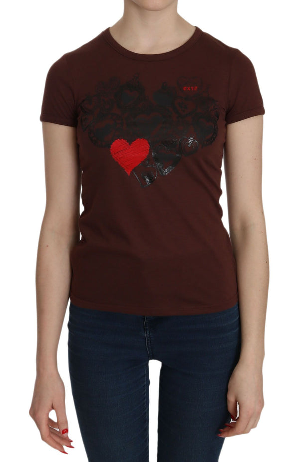 Exte Brown Heart Print Crew Neck T-paita lyhythihainen pusero