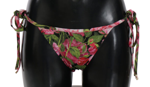 Dolce &amp; Gabbana Black Pink Rose Print Bottom Bikini -rantavaatteet