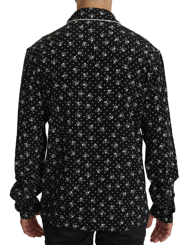 Dolce &amp; Gabbana Black Skull Print Silk Sleepwear paita