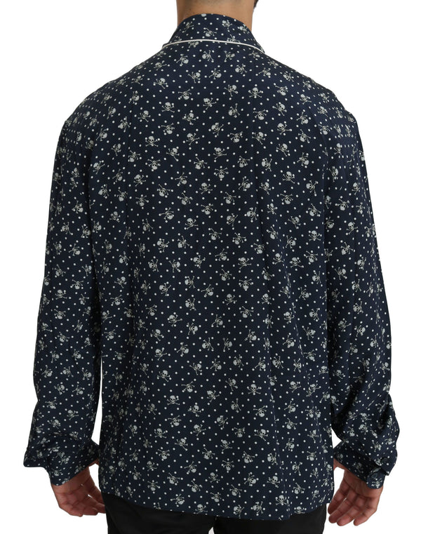 Dolce &amp; Gabbana Blue Skull Print Silk Top Sleepwear paita