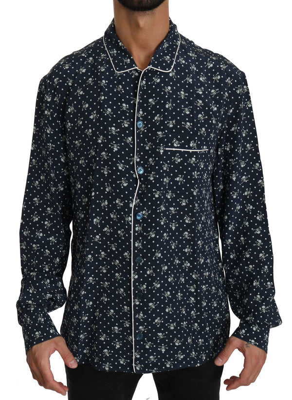 Dolce &amp; Gabbana Blue Skull Print Silk Top Sleepwear paita