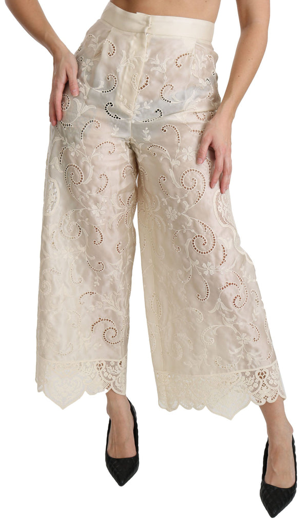 Dolce &amp; Gabbana Cream Lace High Waist Palazzo Cropped Pants