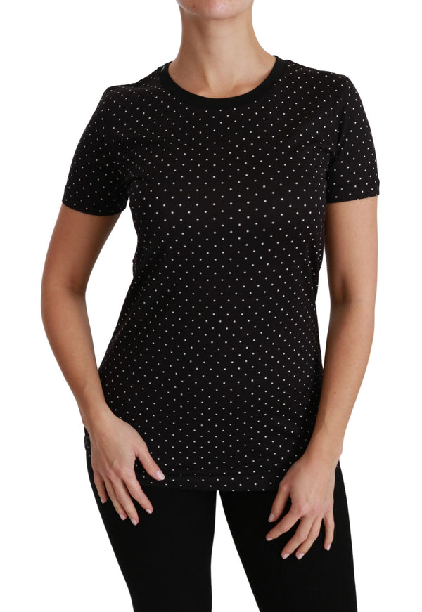 Dolce &amp; Gabbana Black Dotted Crewneck Cotton Top T-paita