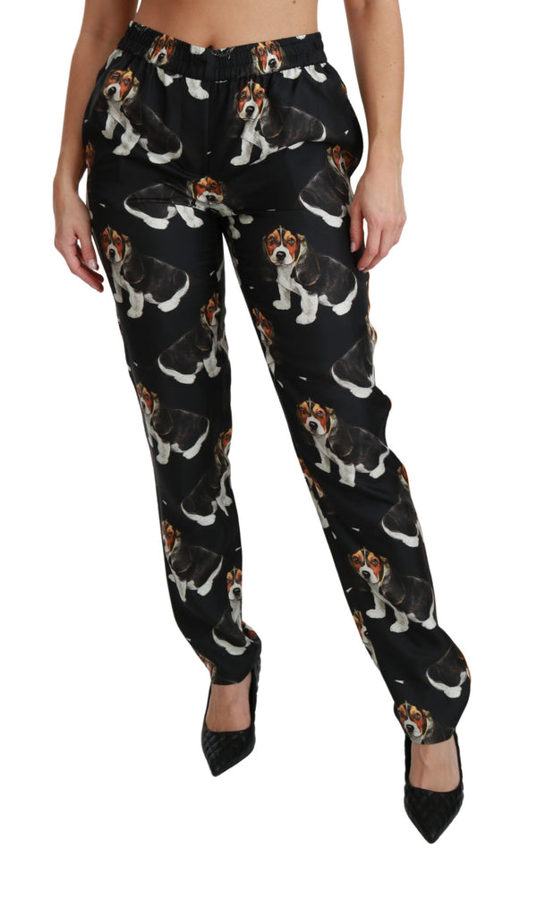 Dolce &amp; Gabbana Black Puppy Dog Mid Waist Skinny Silk Pants