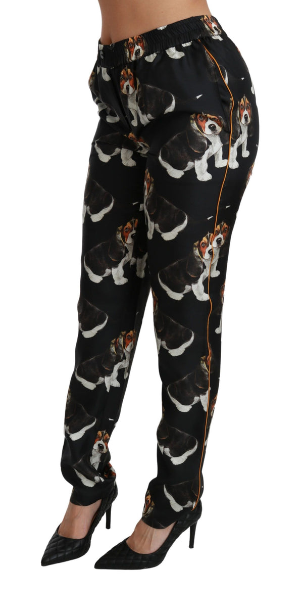 Dolce &amp; Gabbana Black Puppy Dog Mid Waist Skinny Silk Pants