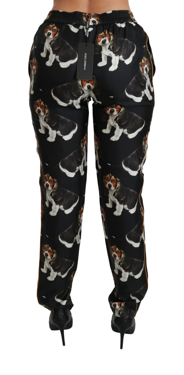 Dolce &amp; Gabbana Black Puppy Dog Mid Waist Skinny Silk Pants