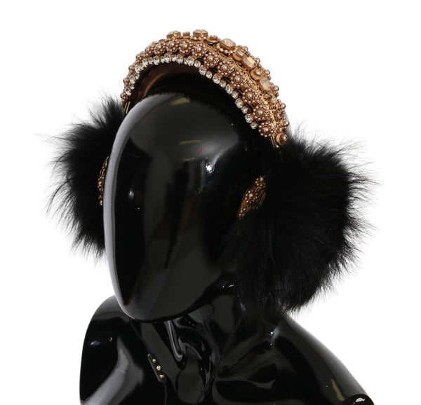 Dolce &amp; Gabbana Gold Black Crystal Fur Headset Audiokuulokkeet