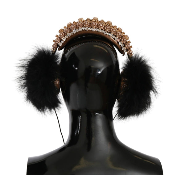 Dolce &amp; Gabbana Gold Black Crystal Fur Headset Audiokuulokkeet