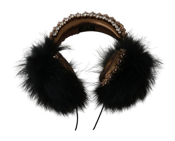 Dolce &amp; Gabbana Gold Black Crystal Fur Headset Audiokuulokkeet