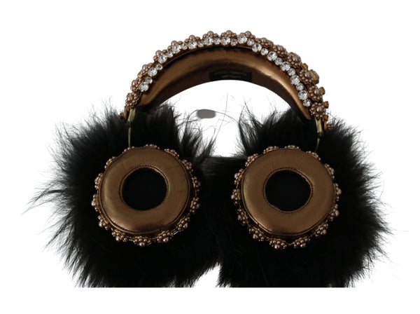 Dolce &amp; Gabbana Gold Black Crystal Fur Headset Audiokuulokkeet