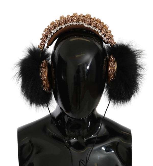 Dolce &amp; Gabbana Gold Black Crystal Fur Headset Audiokuulokkeet