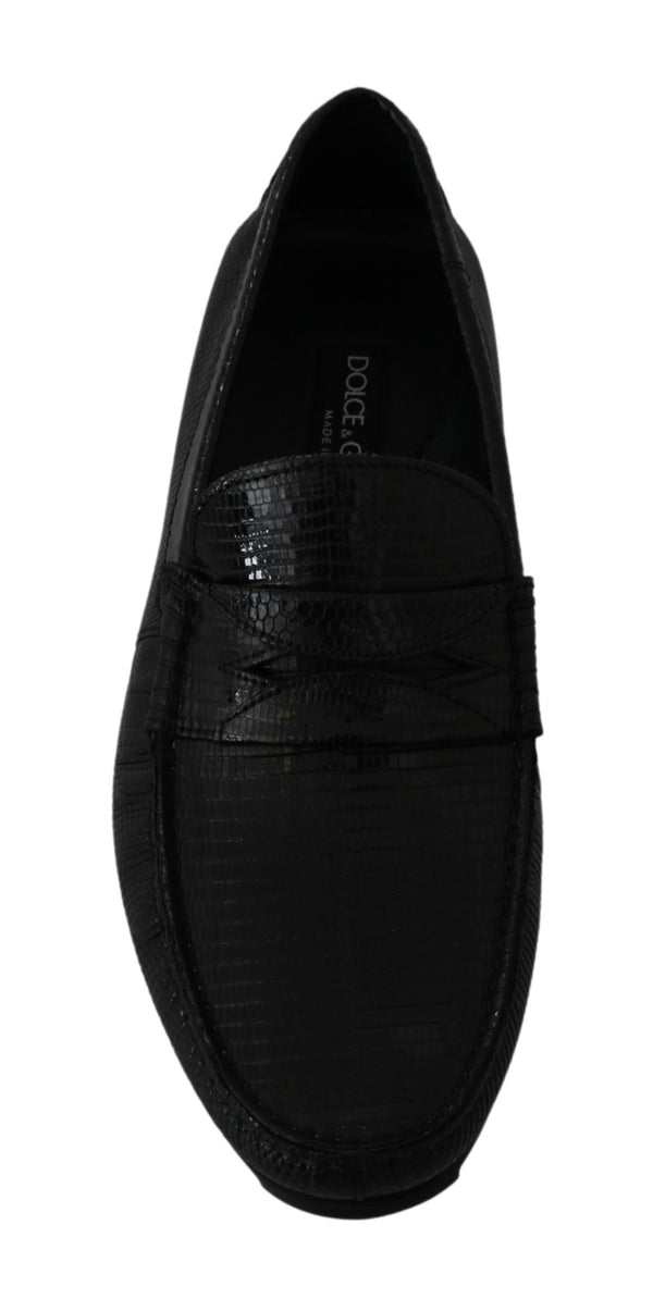 Dolce &amp; Gabbana Black Lizard Leather Flat Loafers -kengät