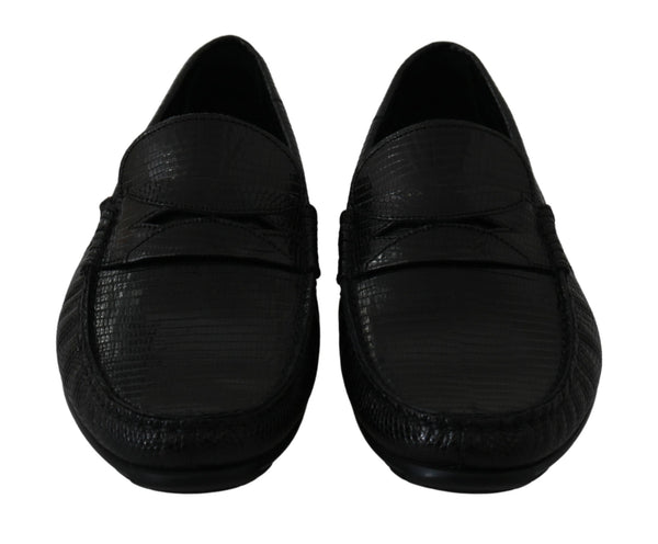 Dolce &amp; Gabbana Black Lizard Leather Flat Loafers -kengät