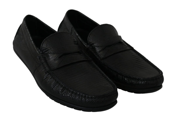 Dolce &amp; Gabbana Black Lizard Leather Flat Loafers -kengät