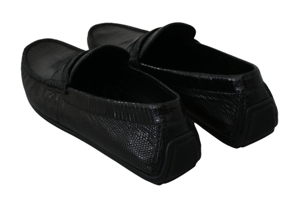 Dolce &amp; Gabbana Black Lizard Leather Flat Loafers -kengät