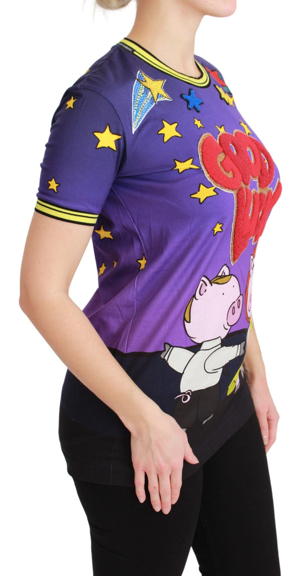 Dolce &amp; Gabbana Purple YEAR OF THE PIG Top Cotton T-paita