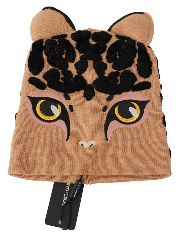 Dolce &amp; Gabbana Brown Cats Eye Brodeerattu Beanie Cashmere Hat