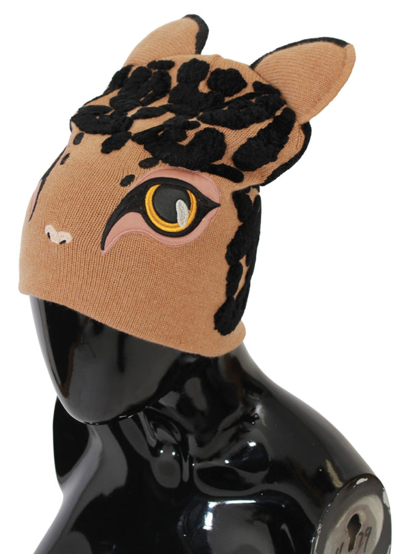 Dolce &amp; Gabbana Brown Cats Eye Brodeerattu Beanie Cashmere Hat