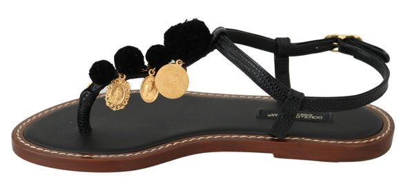 Dolce &amp; Gabbana Black Leather Coins Varvastossut Sandaalit Kengät