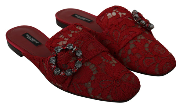 Dolce &amp; Gabbana Red Lace Crystal Slide On Flats -kengät