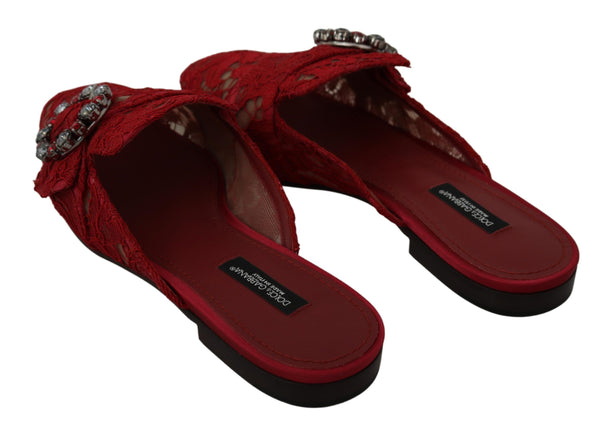 Dolce &amp; Gabbana Red Lace Crystal Slide On Flats -kengät