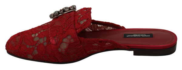 Dolce &amp; Gabbana Red Lace Crystal Slide On Flats -kengät