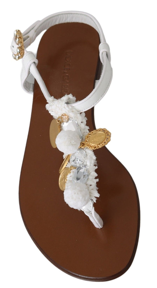 Dolce &amp; Gabbana White Leather Coins Varvastossut Sandaalit Kengät