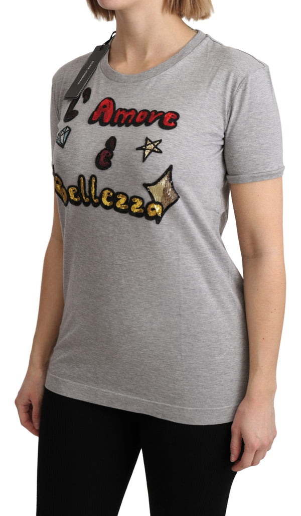 Dolce &amp; Gabbana Grey Cotton Amore e Bellezza Top T-paita