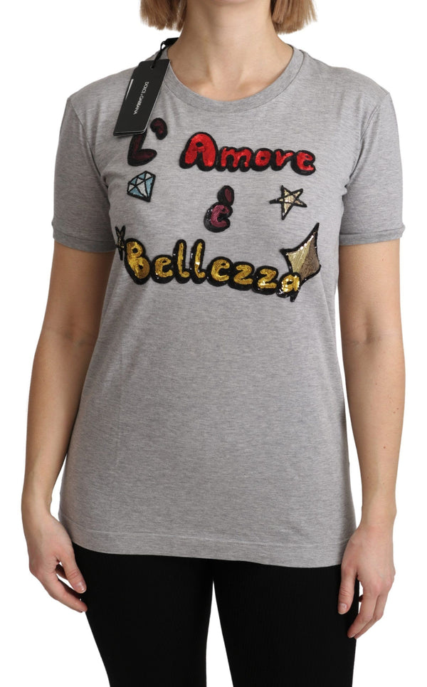 Dolce &amp; Gabbana Grey Cotton Amore e Bellezza Top T-paita