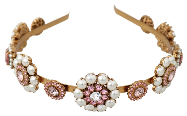 Dolce &amp; Gabbana Gold Tiara Crystal Floral Pearl Headband Logo Diadem