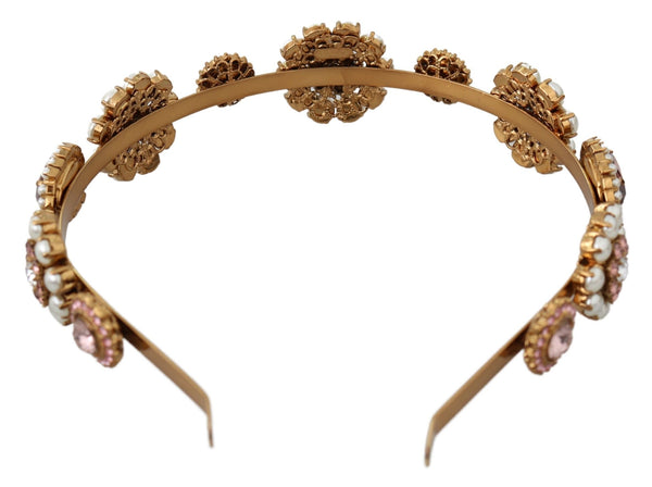 Dolce &amp; Gabbana Gold Tiara Crystal Floral Pearl Headband Logo Diadem