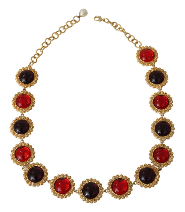 Dolce &amp; Gabbana Red Purple Crystal Floral Chain Statement kultainen messinkikaulakoru