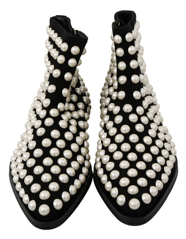 Dolce &amp; Gabbana Black Suede Pearl Studs Boots -kengät