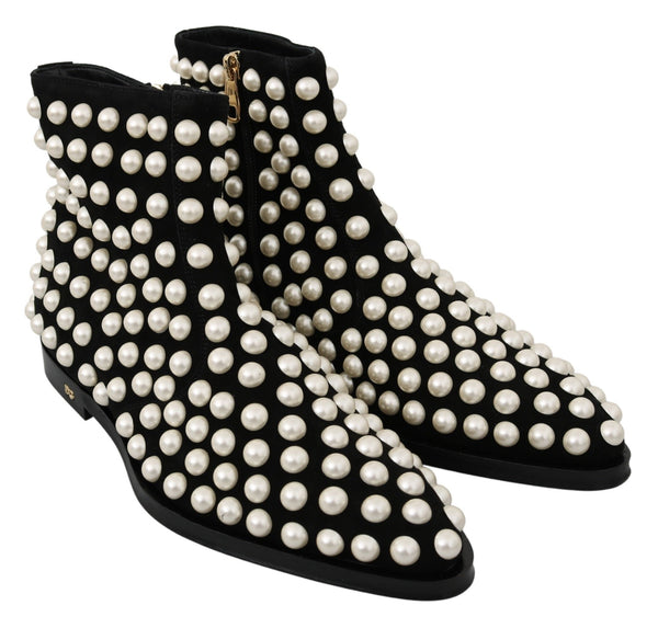 Dolce &amp; Gabbana Black Suede Pearl Studs Boots -kengät