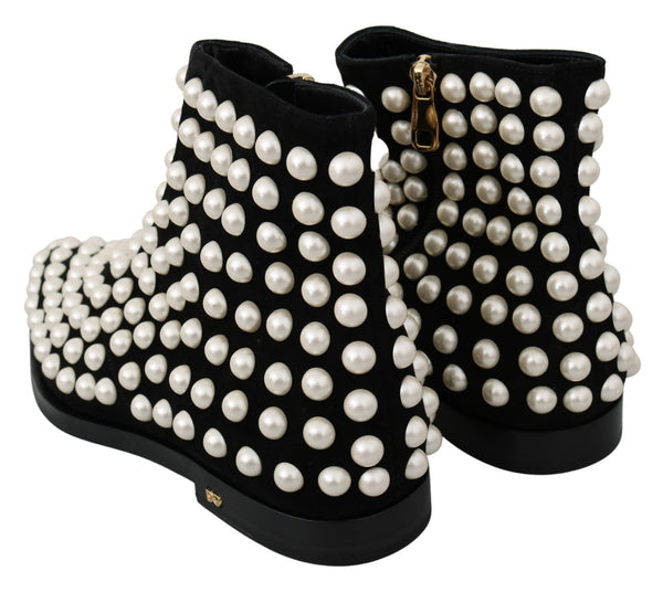 Dolce &amp; Gabbana Black Suede Pearl Studs Boots -kengät