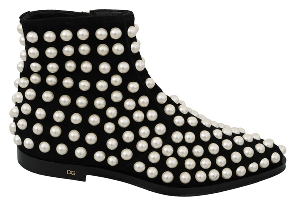 Dolce &amp; Gabbana Black Suede Pearl Studs Boots -kengät