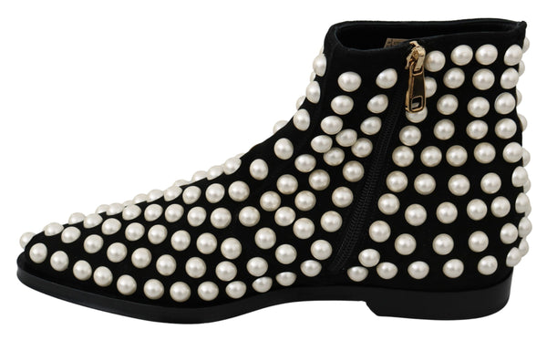 Dolce &amp; Gabbana Black Suede Pearl Studs Boots -kengät