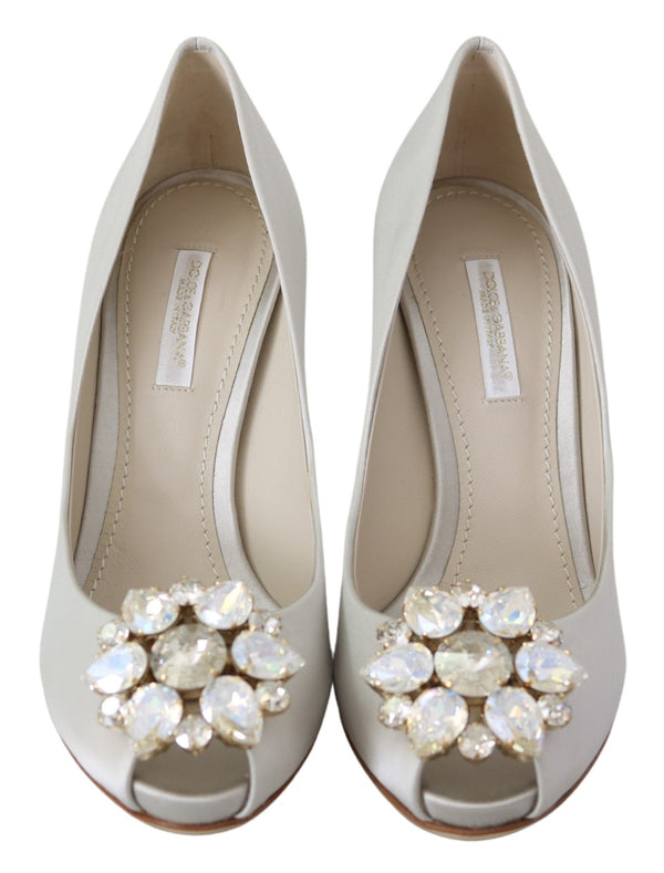 Dolce &amp; Gabbana White Crystals Peep Toe Heels Satin Pumps -kengät