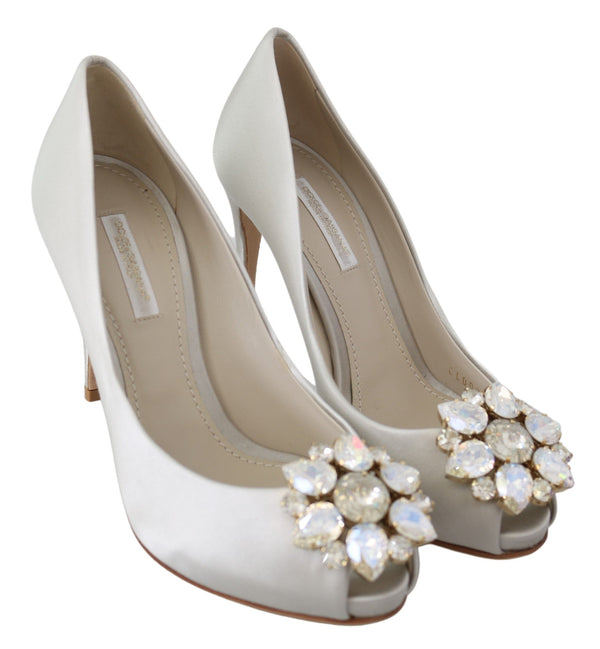 Dolce &amp; Gabbana White Crystals Peep Toe Heels Satin Pumps -kengät