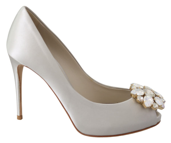 Dolce &amp; Gabbana White Crystals Peep Toe Heels Satin Pumps -kengät