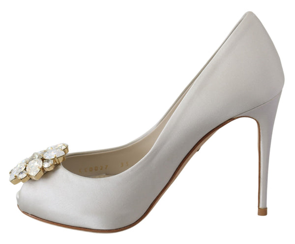 Dolce &amp; Gabbana White Crystals Peep Toe Heels Satin Pumps -kengät