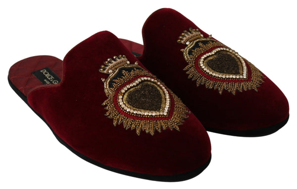 Dolce &amp; Gabbana Red Velvet Sacred Heart Embroidery Slides -kengät