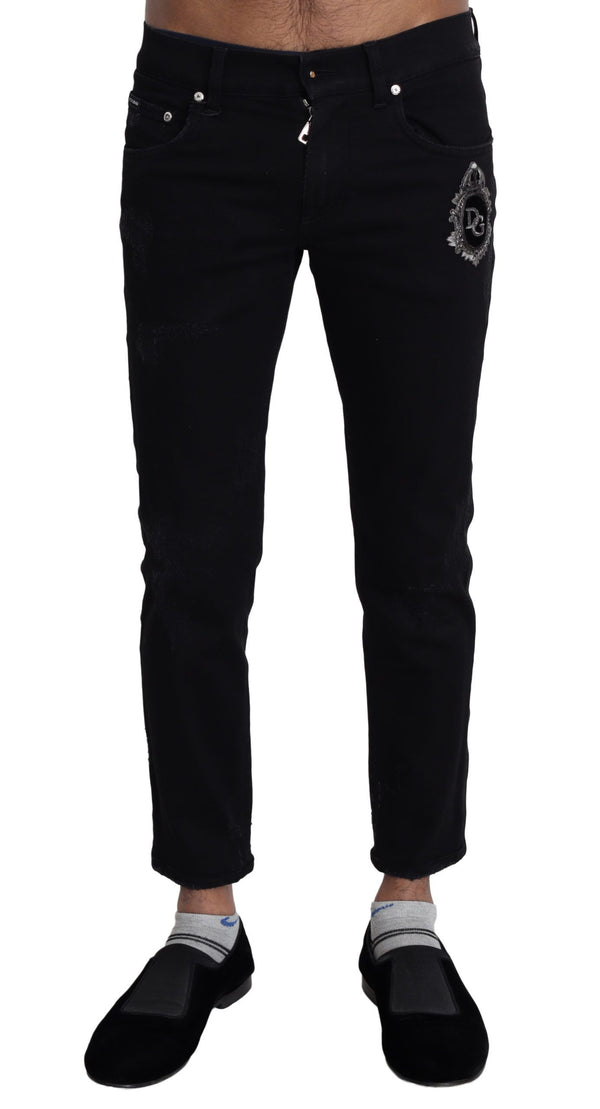 Dolce &amp; Gabbana Black Heraldic Embroidery Skinny Denim Farkut