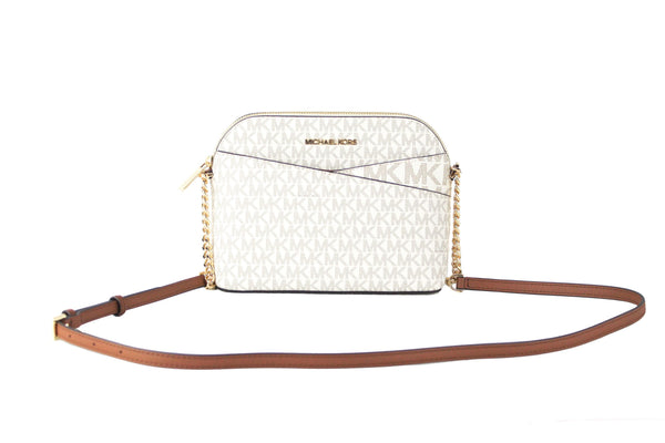 Michael Kors Jet Set Travel Medium Leather X Cross Dome Crossbody Handbag (Vanilla Signature/Gold)