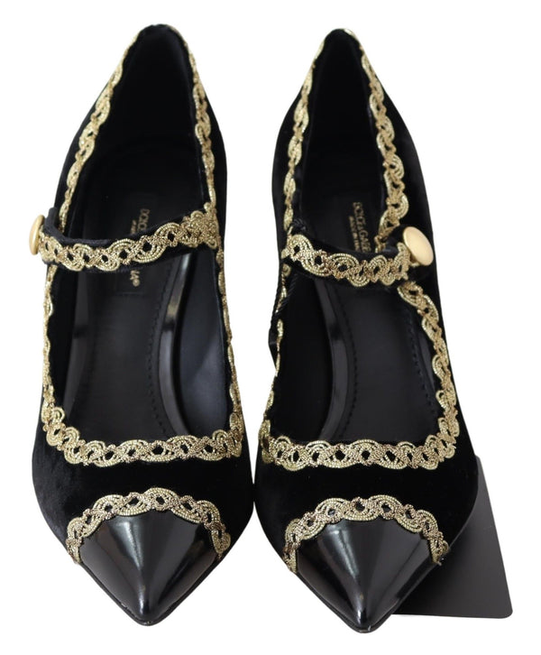 Dolce &amp; Gabbana Black Velvet Gold Mary Janes -pumput