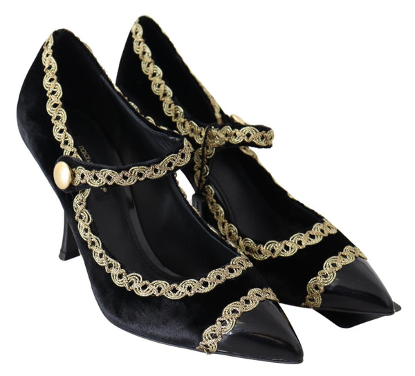 Dolce &amp; Gabbana Black Velvet Gold Mary Janes -pumput